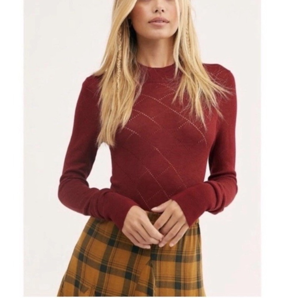 Free People Women's Red Burgundy What's The Pointelle Bodysuit XS Knit